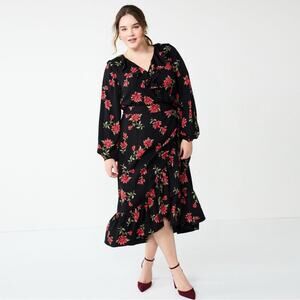 Draper James Black Floral Long Sleeve Ruffle Midi Wrap Dress Size XL Feminine